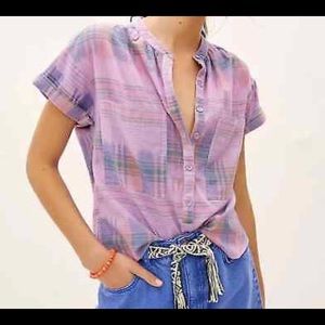 Anthropologie Lavender Plaid Button-Up Short Sleeve Top